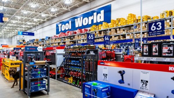 Power tools section inside a Lowe's retail store