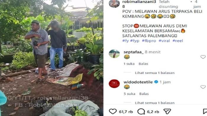 LAWAN ARUS - Pengendara motor Honda Genio mencoba mengelabui petugas dengan modus hendak membeli bunga setelah kedapatan melawan arus di kawasan Jalan Soekarno-Hatta Palembang
