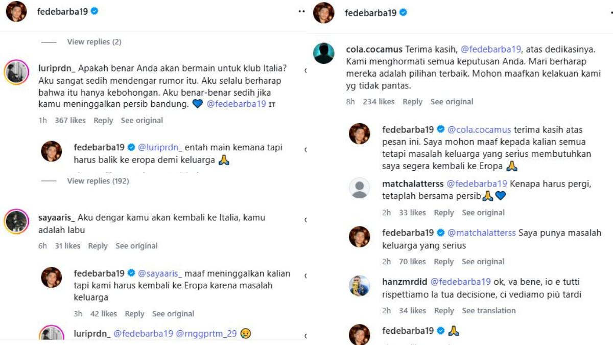 SINYAL OUT FEDERICO BARBA - Tangkapan layar percakapan Federico Barba dan Bobotoh di kolom komentar unggahan Instagramnya, Senin (5/1/2026). Federico Barba mengindikasikan fix hengkang dari Persib Bandung.