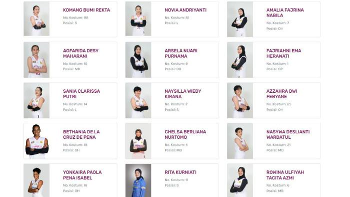 DAFTAR PEMAIN - Rita Kurniati (tengah terbawah), yang tak lain ibunda dari pevoli Alfin Daniel, didaftarkan sebagai pemain oleh Jakarta Popsivo Polwan pada Proliga 2026. Rita Kurniati yang merupakan mantan setter Timnas Voli Indonesia, kini berusia 47 tahun.