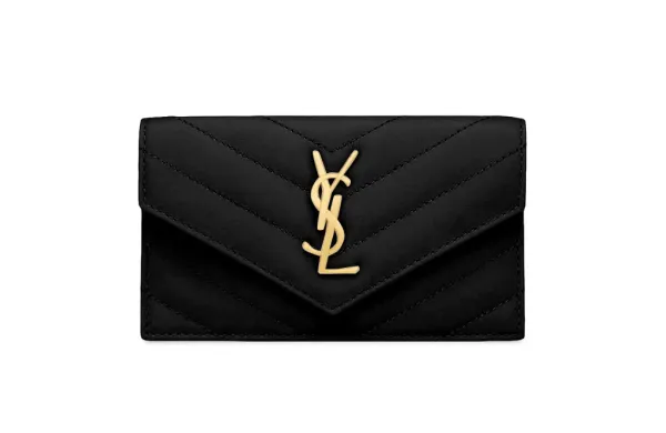 Black Yves Saint Laurent wallet with a gold logo.