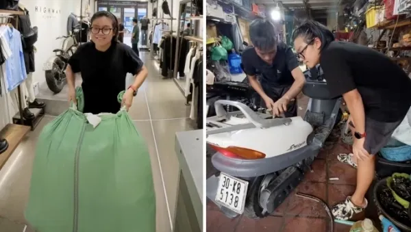 Phan Anh experiences different jobs, including motorbike repair, in his ongoing 100 jobs project. Photo courtesy of Duong