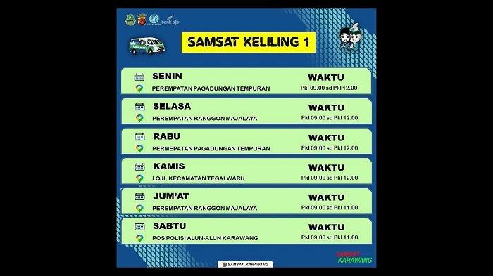 Jadwal dan lokasi layanan Samsat Keliling 1 di wilayah Kabupaten Karawang.