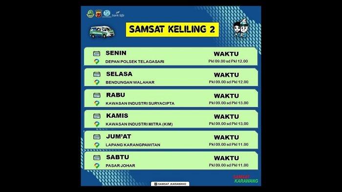 Jadwal dan lokasi layanan Samsat Keliling 1 di wilayah Kabupaten Karawang.