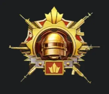 A shiny golden badge with a helmet and crossed guns, showing off the Conqueror tier, which is the absolute peak of the PUBG Mobile ranks for the top 500 players