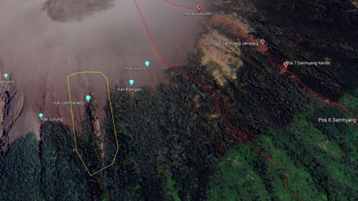 LOKASI PENEMUAN - Peta jurang Kali Lembarang (area lingkaran kuning), lokasi penemuan Syafiq Ridhan Ali Razani (18), pendaki asal Magelang yang hilang di Gunung Slamet pada Rabu (14/1/2026) pagi.