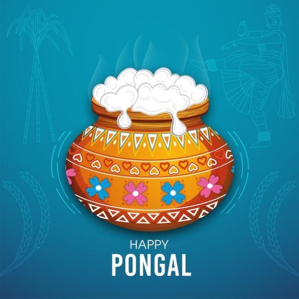 This may contain: happy pongal greeting card with colorful pot full of rice on blue background for pongal festival