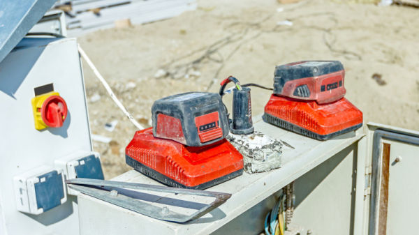 Two batteries being charged in direct sunlight on a construction site