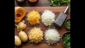Raw kashifal (ash gourd) and potatoes are washed and peeled. Both are grated finely. Green chilies and fresh coriander are chopped finely.