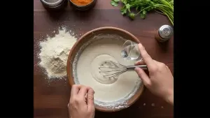Buckwheat flour is taken in a large bowl. Water is added little by little to make a thick batter. The batter should neither be too thin nor too thick.