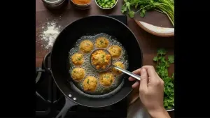 Small balls or spoonfuls of the mixture are dropped carefully into the hot oil. Fry until golden brown and crispy on both sides. After frying, remove the pakoras on paper towels to absorb excess oil.