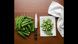 Okra is washed, completely dried, and chopped neatly to avoid stickiness, while beans are prepared for cooking.