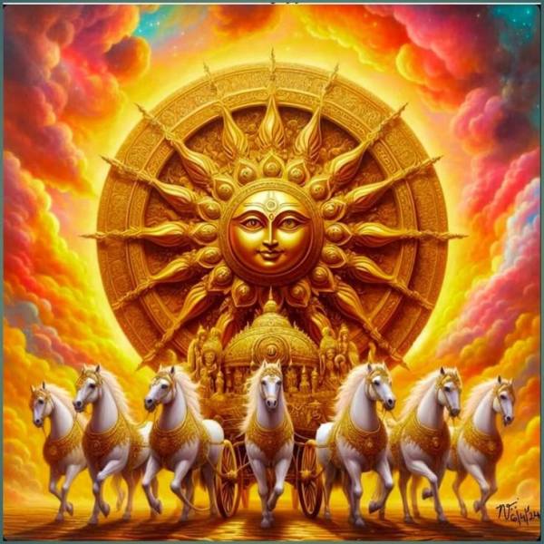This may contain: four white horses standing in front of a sun with the face of god on it
