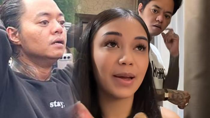 TANGIS REZA ARAP - Kolase. Reza Arap tampak terus mendampingi dan menguatkan orang tua Lula Lahfah yang sangat terpukul, sembari menundukkan kepala saat diikuti awak media.