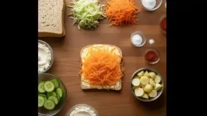 The second bread slice placed over the first layer, spread with butter and topped with grated carrot, sprinkled with salt and black pepper.