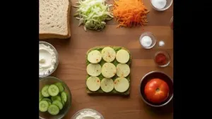 The third bread slice layered with butter and green chutney, topped with evenly arranged boiled potato slices and light seasoning.