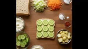 The fifth bread slice spread with butter and decorated with neatly sliced ​​cucumber pieces.
