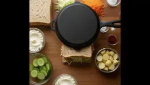 The fully layered sandwich covered with the sixth bread slice, pressed under a heavy pan on a plate to set the sandwich firmly.