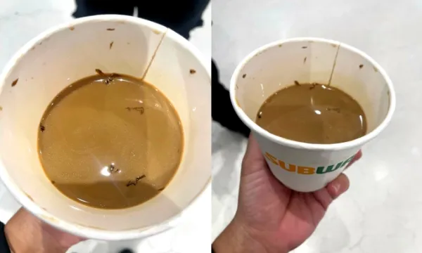 Images showing what appear to be cockroach legs in a cup of coffee made by Subway Malaysia. Photo by Threads/_fararamli