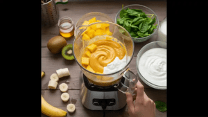 A blender jar filled with frozen banana, mango, yogurt, and milk being blended into a thick saffron-colored smoothie.
