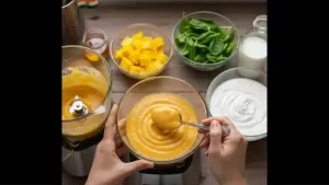 Saffron-colored smoothie evenly spread as the bottom layer in a serving bowl.