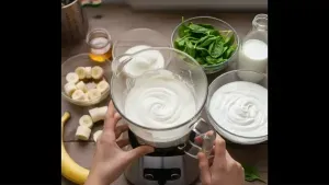 A blender preparing a creamy white smoothie using banana, yogurt, and a touch of honey.
