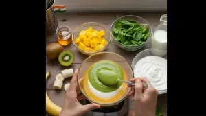 Green smoothie layered on top of the white layer, giving the bowl a beautiful tricolor appearance.