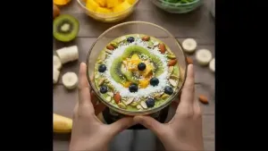 Tricolor smoothie bowl garnished with chopped fruits, dry fruits, and coconut, served chilled and ready to enjoy.