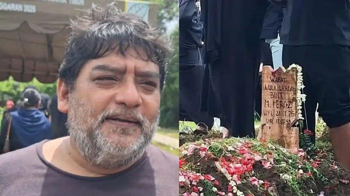 DUKA AYAH LULA - Ayah Lula Lahfah, Feroz (kiri) saat ditemui di Taman Pemakaman Umum (TPU) Rawa Terate, Cakung, Jakarta Timur, Sabtu (24/1/2026).(kanan) Makam Lula Lahfah di TPU Rawa Terate, Cakung Jakarta Timur, Sabtu (24/1/2026). Ayah Lula mengenang momen terakhir bersama sang anak sebelum meninggal dunia.