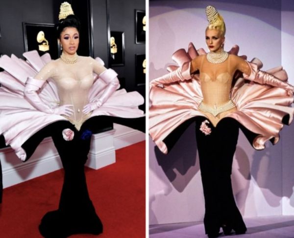 This may contain: lady in pink and black gowns on the red carpet at an awards event, with one woman's body shaped like a fan