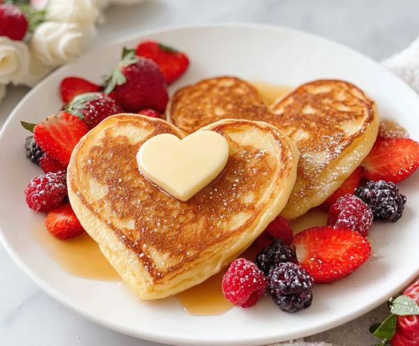 This may contain: two heart shaped pancakes on a plate with berries and syrup