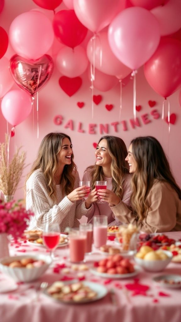This may contain: three women sitting at a table with pink balloons and heart shaped balloons in the background