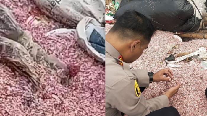 UANG - Kapolsek Setu, AKP Usep Armansyah, bersama pemilik lahan TPS liar Haji Santo melakukan pengecekan temuan cacahan pecahan uang di Desa Taman Rahayu, Kecamatan Setu, Kabupaten Bekasi. Rabu (4/2/2026).