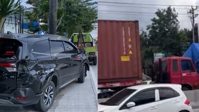 KACA PECAH - Kondisi bagian belakang mobil Toyota Rush hitam tampak sedikit ringsek dan kaca belakang pecah seusai terlibat kecelakaan beruntun di Jalan Majapahit, persimpangan Jalan Fatmawati, Kota Semarang, Minggu (8/2/2026) sore. Polisi bersiap mengevakuasi mobil tersebut dari tepi jalan menggunakan truk derek agar arus lalu lintas kembali normal.