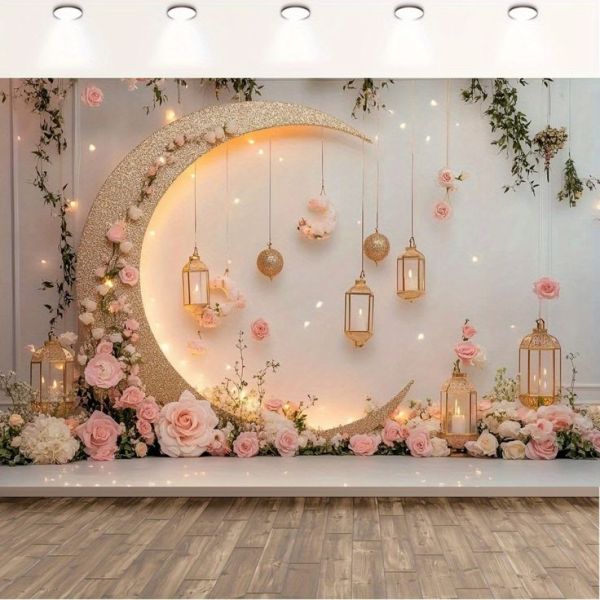 This may contain: an image of a decorated stage with flowers and lanterns on the wall, in front of a large moon