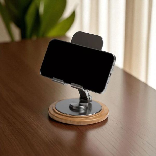 This may contain: a cell phone sitting on top of a wooden table next to a plant in a vase