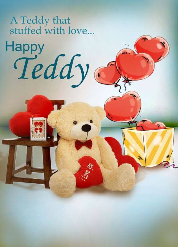 This may contain: a teddy bear sitting next to a bunch of balloons