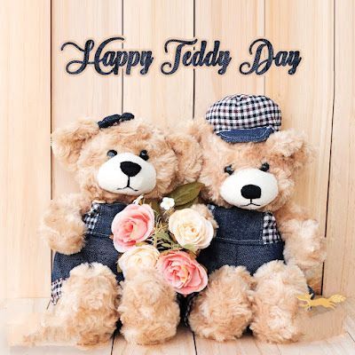 This may contain: two teddy bears sitting next to each other with the words happy teddy day on it