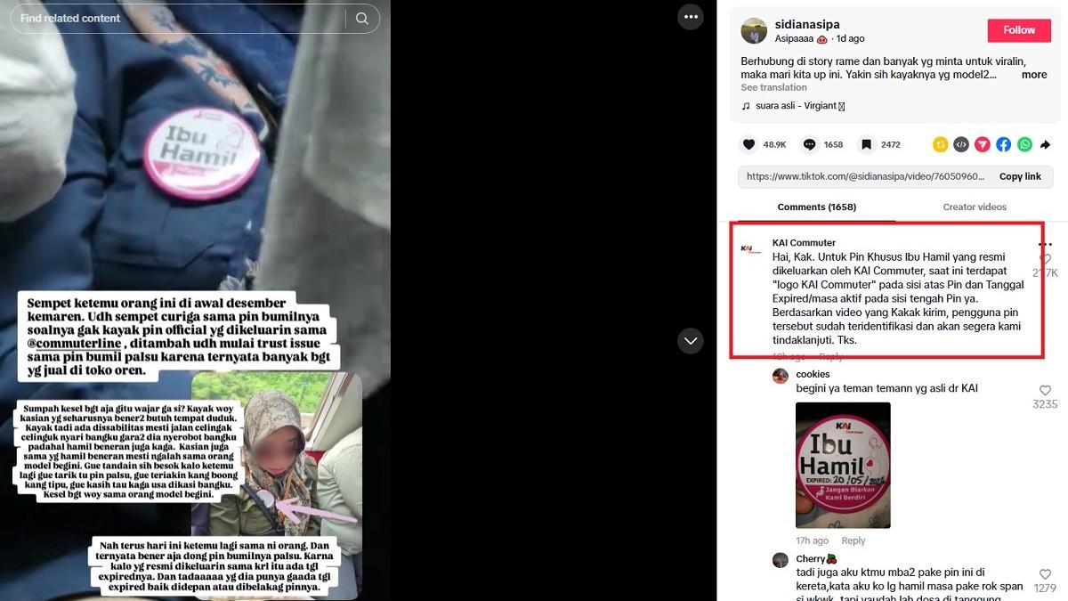 PIN BUMIL PALSU - KAI Commuter beri tanggapan atas laporan viral di medsos soal pengguna pin ibu hamil palsu