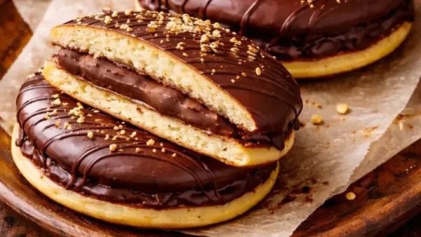 Chocolate-filled dorayaki cakes coated with melted chocolate and nut sprinkles.