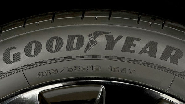 close-up of Goodyear brand name on tire