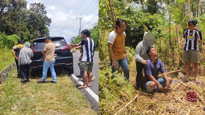 PERCOBAAN PEMBUNUHAN -- Pelaku percobaan pembunuhan terhadap ibu kandung menunjukan lokasi perbuatannya di Desa Batu Itam, Kecamatan Sijuk, Kabupaten Belitung pada Minggu (15/2/2026).