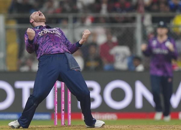 Scotland's Michael Leask celebrates after taking the wicket of Nepal captain Rohit Paudel. Scotland's Michael Leask celebrates after taking the wicket of Nepal captain Rohit Paudel.