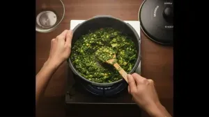 Cooked saag and lentil mixture being gently mashed with a ladle to create a thick, blended texture.
