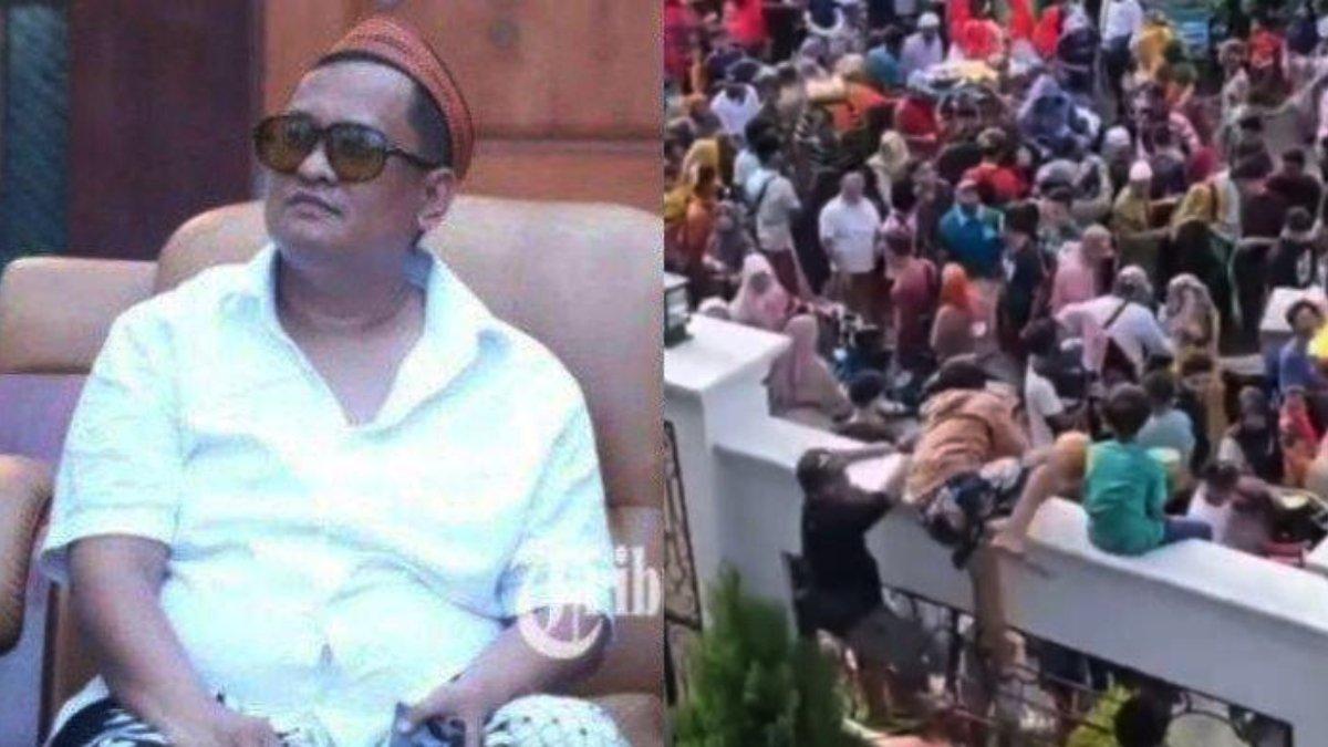 SOSOK HAJI HER - Kolase foto sosok Haji Her (kiri) dan aksinya menaburkan uang saat pawai 1 Muharram 1447 H di Pamekasan, Jawa Timur pada Kamis (26/6/2025).