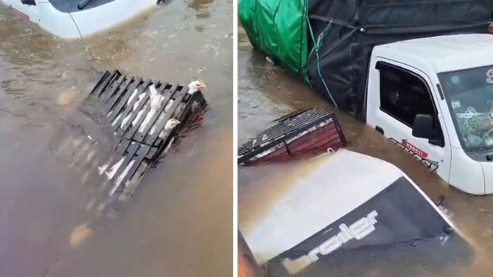KAPAL FERI TENGGELAM - Potret mobil boks pengangkut ayam ikut karam imbas Kapal Feri tenggelam di Desa Sirbaya, Kecamatan Sebulu, Kabupaten Kutai Kartanegara, Kalimantan Timur. Videonya viral di medsos