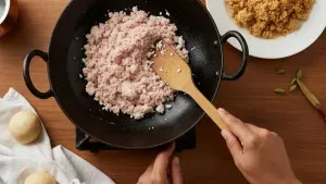 Cooking coconut mixture in wok