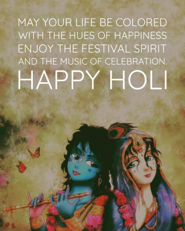 This may contain: two people are hugging each other with the words happy holi on top of them