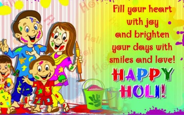 This may contain: happy holi day greeting card with family and colorful balloons on the wall behind it