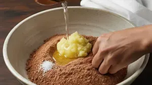 Mixing buckwheat flour, mashed potato, salt, and ghee in a bowl.
